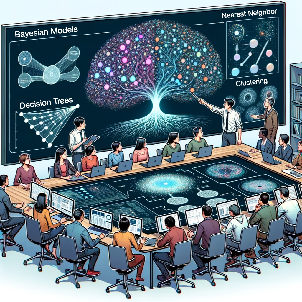 A detailed illustration depicts a modern classroom or workshop setting with a large digital display at the front. The screen showcases various machine learning concepts, including Bayesian Models, Decision Trees, Nearest Neighbor, and Clustering. Each concept is visually represented by corresponding graphs and models. A tree-like network structure with vibrant nodes radiates from the center of the screen. In front of the display, an instructor, holding a pointer, explains the concepts to an older individual. Below them, a group of diverse individuals sits around a horseshoe-shaped table, equipped with advanced touch-screen monitors, attentively listening and interacting with their devices. The ambiance is studious, with a futuristic touch symbolizing the advanced nature of the subject matter.